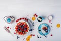 Whoopie pie styled cake with fresh fruit, marshmallow, coffee and milk.