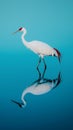 Whooping crane wading gracefully in shallow blue water, showcasing a full body reflection beneath the surface Royalty Free Stock Photo