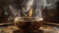 Whorls of smoke curling around a wooden and crystal smudge bowl filled with sacred cleansing herbs