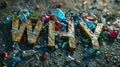 WHY 3D letters surrounded by various colorful waste items. Royalty Free Stock Photo