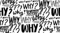 Why question seamless pattern. Lot of words, different lettering styles, newspaper vector texture. Black and white