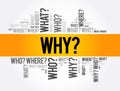 WHY? Question word and questions whose answers are considered basic in information gathering or problem solving, word cloud Royalty Free Stock Photo