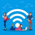 Wi-Fi concept vector illustration. People using devices for remote working and professional growth. Flat concept of Royalty Free Stock Photo