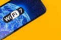 Wi-Fi 7 Generation background. Modern mobile phone with supporting new Wi-Fi technology. Concept of internet