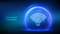Wi-Fi network icon inside transparent protection sphere shield with hexagon pattern on blue background. Secure Wi Fi wireless