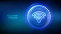 Wi-Fi network icon inside transparent protection sphere shield with hexagon pattern on blue background. Secure Wi Fi wireless