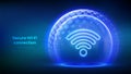 Wi-Fi network icon inside transparent protection sphere shield with hexagon pattern on blue background. Secure Wi Fi wireless