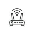 Wi-Fi router 2 antennas, icon in line design. Wi-Fi, router, antennas, network, internet, signal, wireless on white
