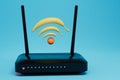 Wi-Fi router and Wi-Fi icon consisting of bananas and orange. 3D render