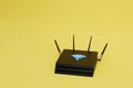 Wi-Fi router for internet distribution. Router with Wi-Fi icon glowing blue neon light. 3D render