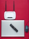Wi fi router, laptop, pc mouse, remote controller Royalty Free Stock Photo