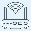 Wi-Fi router thin line icon. Wireless network switch with antenna and signal coverage sign. Horeca vector design concept