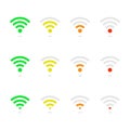 Wi-fi signal strength on white template. Maximum, medium, minimum wireless strength signal. Connection antenna router. Green, Royalty Free Stock Photo