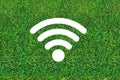 Wi-Fi zone. Free internet sign. Wi-Fi icon on green grass background. Free hotspot in a bar, restaurant, cafe and or park. Royalty Free Stock Photo
