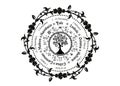 Wheel of the Year is an annual cycle of seasonal festivals. Wiccan calendar and holidays. Compass with Tree of Life, flowers