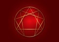 Enneagram icon, sacred geometry, golden vector illustration isolated on dark red background