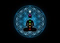 Sacred Geometry, flower of life and Buddha in a lotus position with colorful 7 chakras. Metatrons cube. Symbol of alchemy isolated