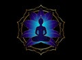 Chakra concept. Inner love, light and peace. Buddha silhouette in lotus position over gold ornate mandala lotus flower. isolated