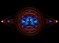 Chakra concept. Inner love, light and peace. Buddha silhouette in lotus position over gold ornate mandala lotus flower. isolated