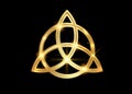 Triquetra geometric logo, Gold Trinity Knot, Wiccan symbol for protection. Vector golden Celtic trinity knot set isolated on black Royalty Free Stock Photo