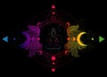 Buddha silhouette in lotus position over ornate mandala lotus flower and Moon phases Sacred Geometry, spiritual yoga. isolated Royalty Free Stock Photo