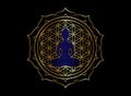 Chakra concept. Inner love, light and peace. Buddha silhouette in lotus position over gold ornate mandala lotus flower. Yantra