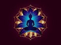 Chakra concept. Inner love, light and peace. Buddha silhouette in lotus position over gold ornate mandala lotus flower. Vector