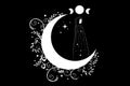 Mystical priestess in a long black dress on the white crescent moon. Triple goddess, magical wiccan woman, boho style