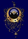Mystical triple goddess, priestesses on magical crescent moon. Beautiful celestial fairy women in gold boho style. Gothic