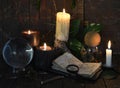 Wicca, esoteric and occult still life with vintage magic objects