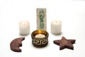 Wiccan altar, candles, pentacle and