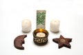 Wiccan altar, candles, pentacle and