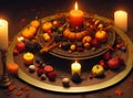 Wiccan altar for Mabon sabbat. fruits, pumpkins, candle, nuts and wheel of the year on abstract dark background Royalty Free Stock Photo