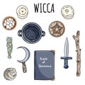 Wiccan doodles set. Collection of witchcraft magical items on altar for occult rituals. Hand drawn pagan elements collection.