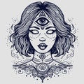 Wiccan and occult woman face with third eye, chakras and spirituality concept art.