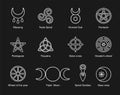 Wiccan and pagan symbols pentagram, triple moon, horned god, triskelion, solar cross, spiral, wheel of the year. Vector