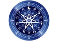 Wiccan symbol of protection. blue Mandala Witches runes, Mystic Wicca divination. Ancient occult symbols, Zodiac Wheel signs Royalty Free Stock Photo