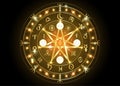 Wiccan symbol of protection. Bright Gold Mandala Witches runes, Mystic Wicca divination. Ancient occult symbols Earth Zodiac Wheel Royalty Free Stock Photo