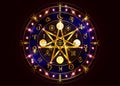 Wiccan symbol of protection. Bright Gold Mandala Witches runes, Mystic Wicca divination. Ancient occult symbols Earth Zodiac Wheel Royalty Free Stock Photo