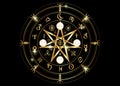 Wiccan symbol of protection. Gold Mandala Witches runes, Mystic Wicca divination. Ancient occult symbols, Earth Zodiac Wheel