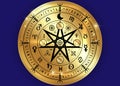 Wiccan symbol of protection. Gold Mandala Witches runes, Mystic Wicca divination. Ancient occult symbols, Earth Zodiac Wheel Royalty Free Stock Photo