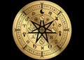 Wiccan symbol of protection. Golden Mandala Witches runes, Mystic Wicca divination. Ancient occult symbols, Zodiac Wheel signs Royalty Free Stock Photo