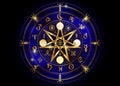 Wiccan symbol of protection. Old Gold Mandala Witches runes, Mystic Wicca divination. Ancient occult symbols, Earth Zodiac Wheel Royalty Free Stock Photo