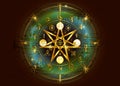 Wiccan symbol of protection. Old Gold Mandala Witches runes, Mystic Wicca divination. Ancient occult symbols, Earth Zodiac Wheel Royalty Free Stock Photo