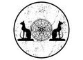 Wiccan symbol of protection. Set of Mandala Witches runes and black cats, Mystic Wicca divination. Ancient occult symbols, grunge