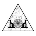 Wiccan symbol of protection. Triangle Mandala Witches runes and black cats, Mystic Wicca divination. Ancient occult symbols grunge