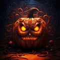 The Wicked Pumpkin. A fire-eyed pumpkin hidden in some dark dungeon by the metal entrance. Generative AI (300 Real DPI)