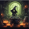 Wicked witch is brewing her witch\'s potion in a cauldron