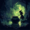 Wicked witch is brewing her witch\'s potion in a cauldron