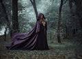 Wicked witch in a long dark cloak wandering in woods Royalty Free Stock Photo